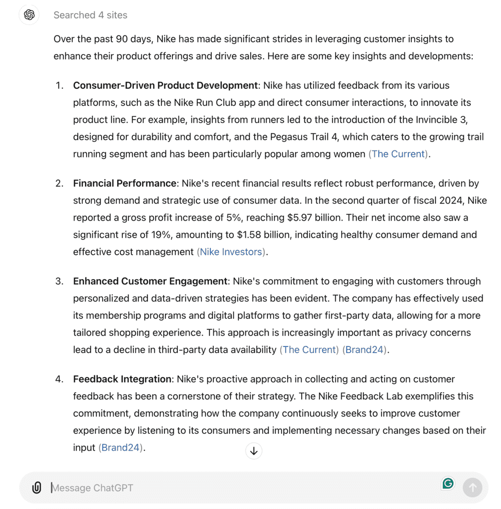 Chat GPT: información sobre los clientes de Nike en los últimos 90 días