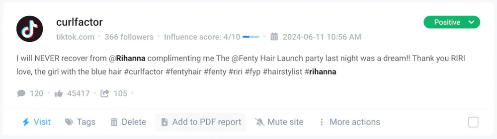 The example of a mention discovered by Brand24, an AI sentiment tool.