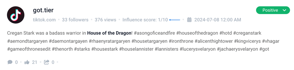 A TikTok mention detected by Brand24.