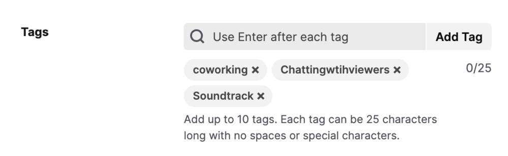 Adding tags on Twitch online.