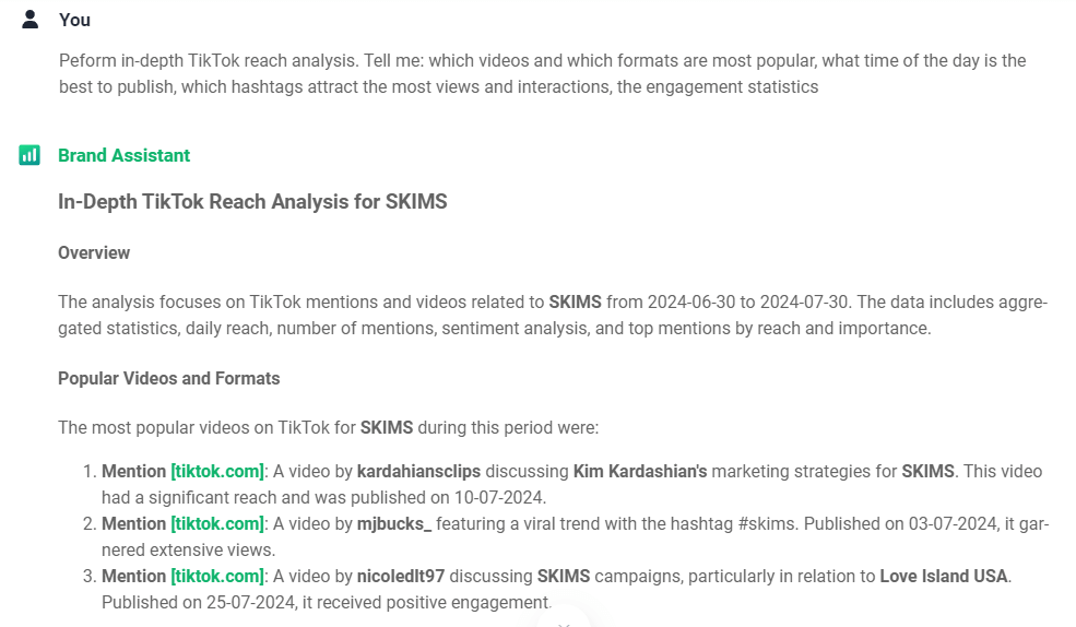 Brand24: análise do alcance do TikTok da SKIMS realizada pelo Brand Assistant - vídeos populares