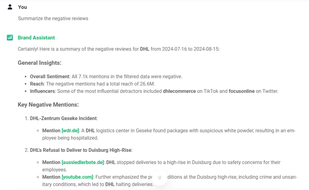 Summary of DHL's negative reviews performed by Brand Assistant