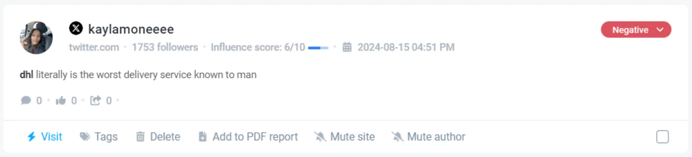 Negative review about DHL on X (Twitter) detected by Brand24, the best review monitoring tool
