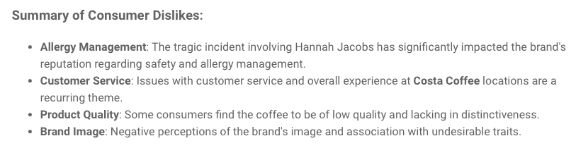 Brand24: AI Brand Assistant sobre lo que no gusta a los consumidores de Costa Coffee