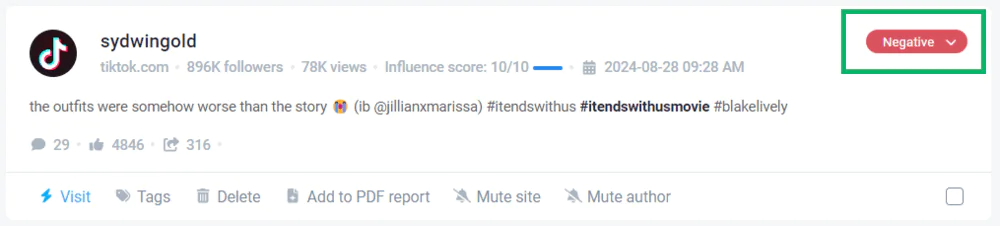 Brand24: Negative TikTok mention of #ItEndsWithUsMovie
