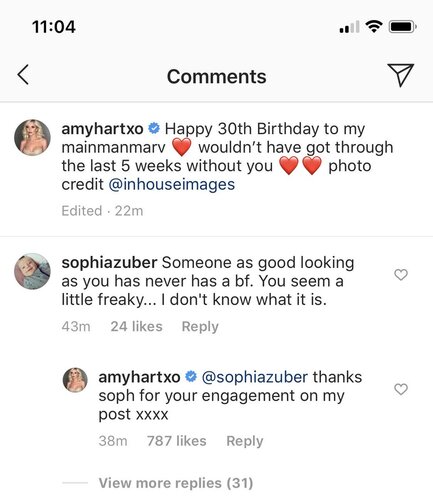 Amy de love island respondiendo a comentarios negativos en su Instagram con puro descaro