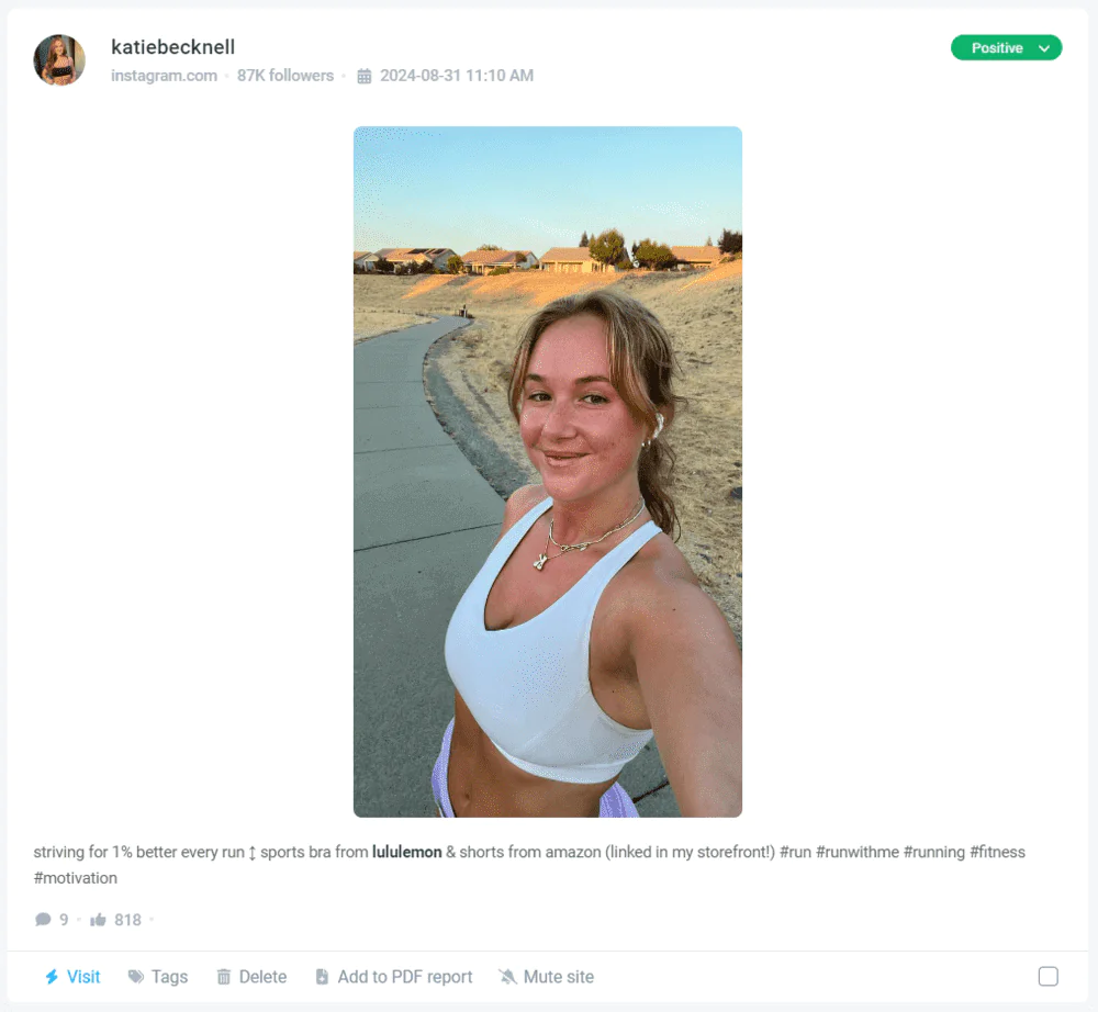 Untagged Lululemon mention on Instagram detected by Brand24, the best AI social listening tool
