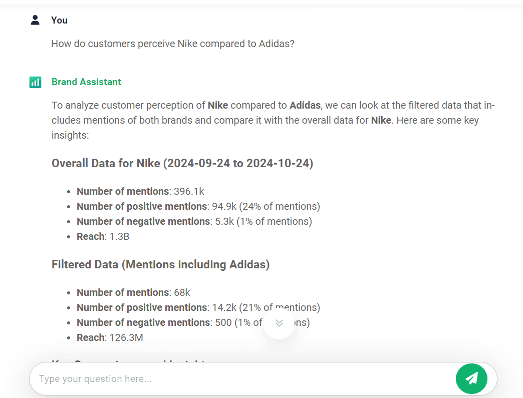 Brand Assistant answering a comparison question in business research