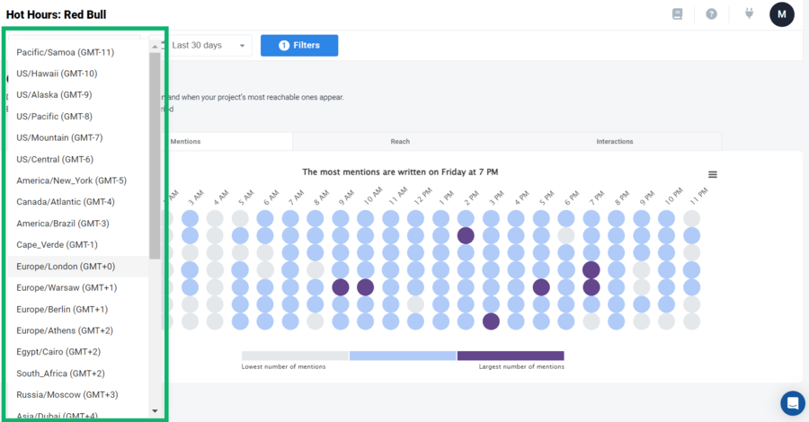 Setting the time zone in Brand24, the tool that shows the best time to post on Facebook