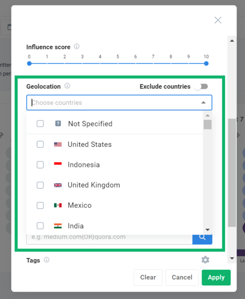 Setting geolocation to get the most accurate results in Brand24, the best tool to determine time to post on Facebook