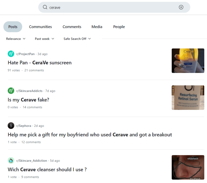 Reddit posts about CeraVe, the most discussed skincare brand on this forum