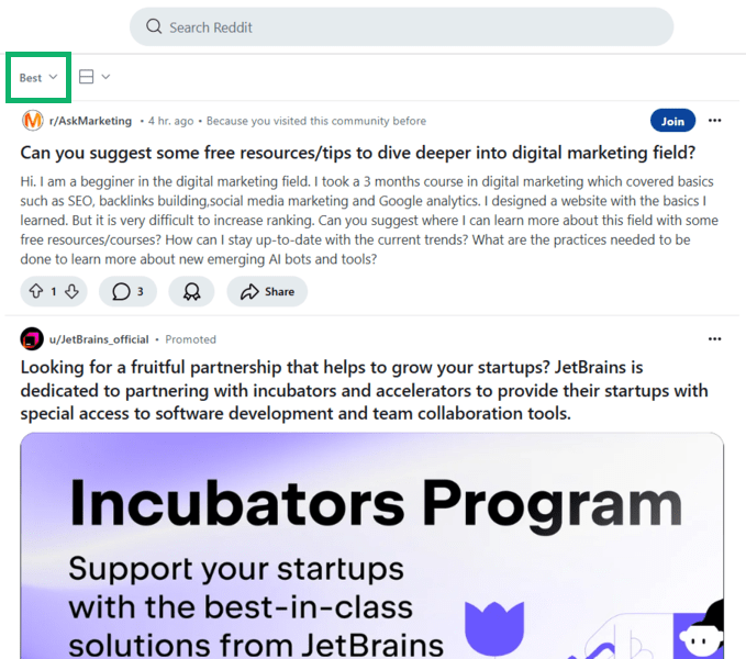 Reddit posts by "best" filter