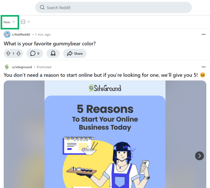 Reddit posts by "new" filter