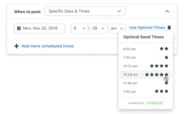 Tableau de bord Sprout Social : Optimal Send Time powered by ViralPost® (temps d'envoi optimal)