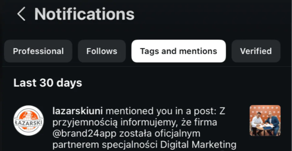 Tags and mentions filter in Instagram notifications.