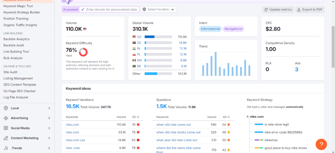 SEMrush dashboard - audience insight tools