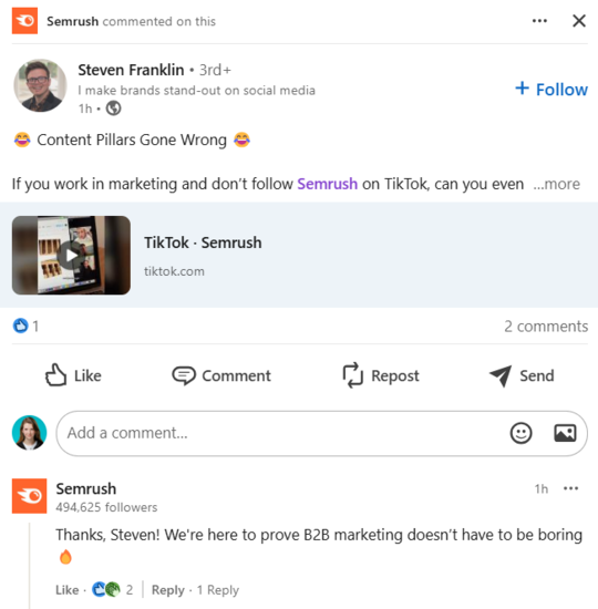 Semrush comentando a postagem onde estava mentioned