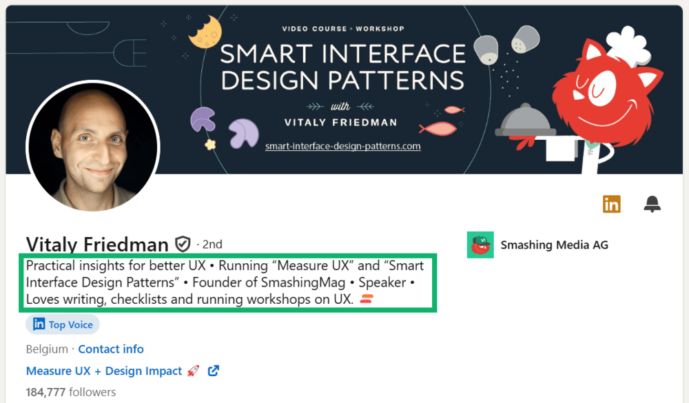 Perfil do LinkedIn (Vitaly Friedman) com palavras-chave adequadas no título