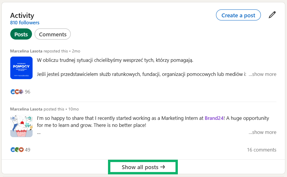 Como verificar as visualizações de postagens no LinkedIn - vá para a seção "Activity" (Atividade) e clique em "Show all posts" (Mostrar todas as postagens)