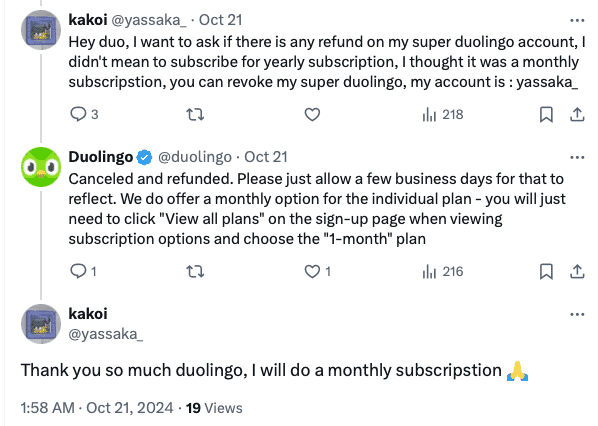 Duolingo solving customer's problem on Twitter resulting in a positive review 
