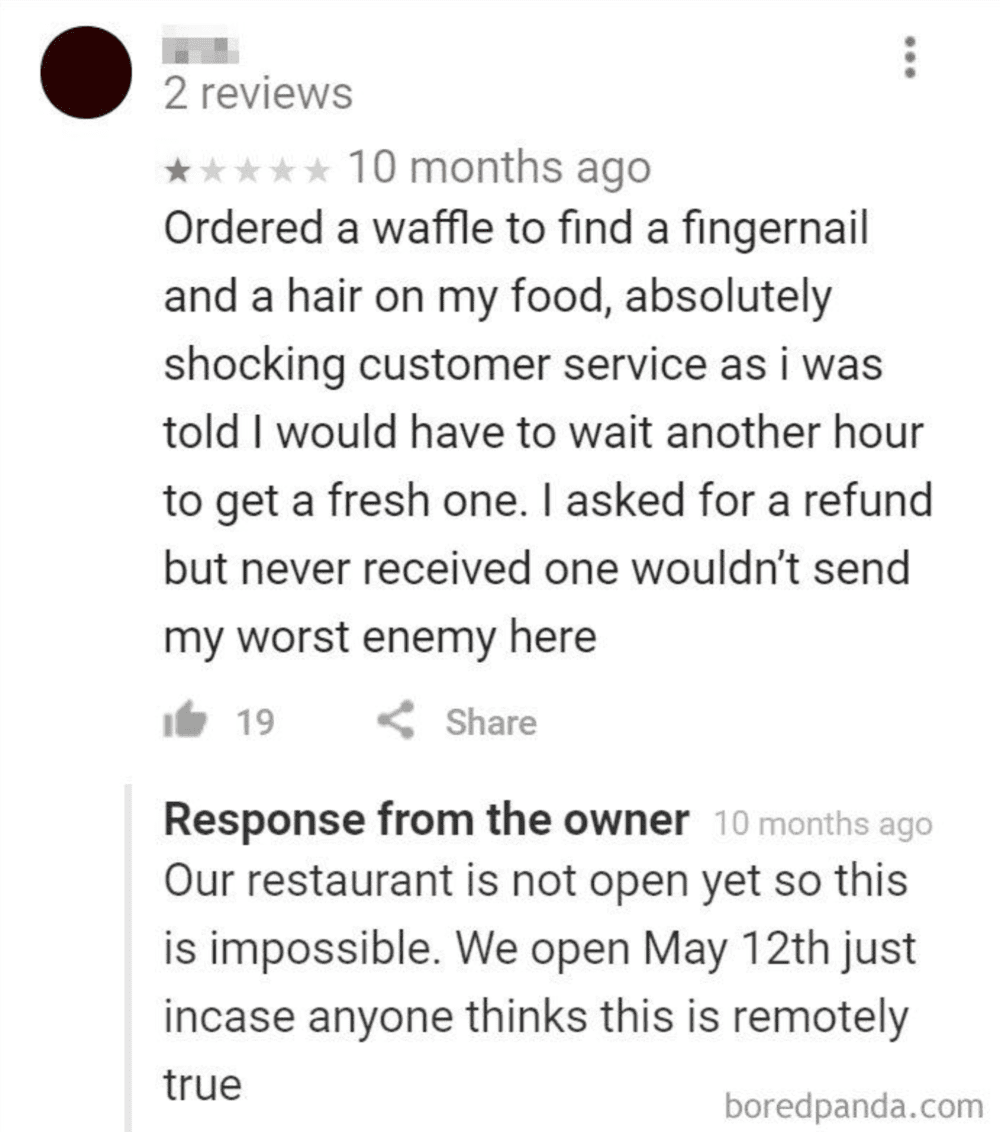 Fake negative review example and a response