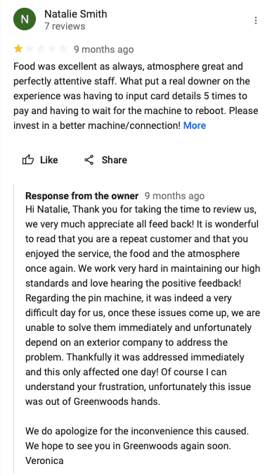 Professional response to a negative review 