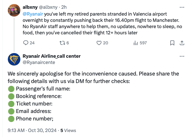 Ryanair's professional review response - taking conversation offline 