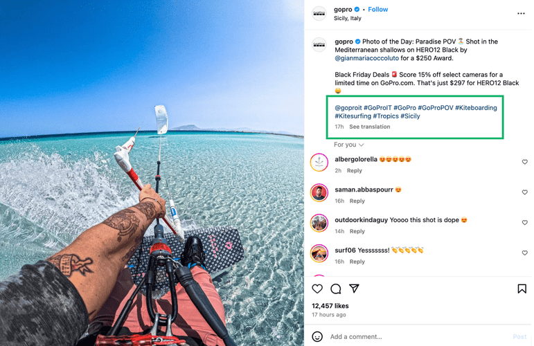 GoPro utiliza hashtags en sus increíbles publicaciones para impulsar el algoritmo de Instagram.