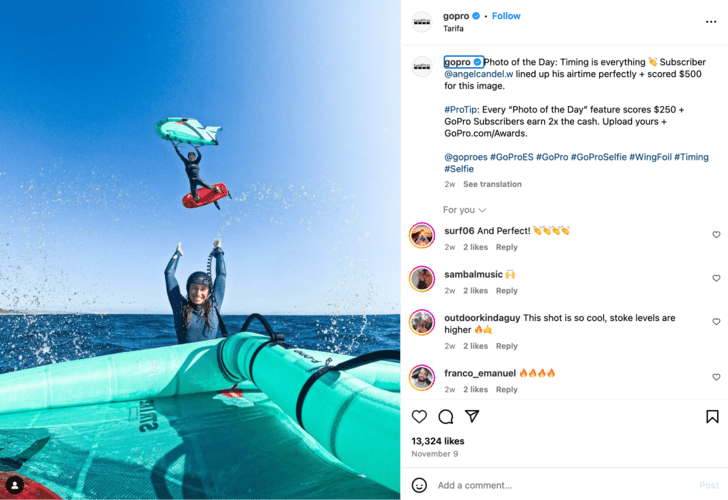 UGC en el perfil de Instagram de GoPro.