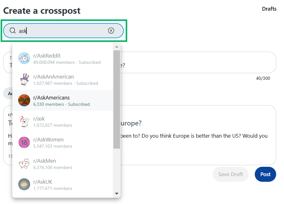 Instrucciones para el crosspost: paso 2 - elegir el subreddit correspondiente
