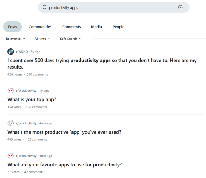 Buscar aplicaciones de productividad en Reddit