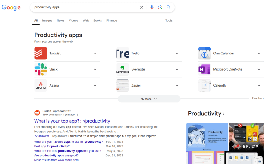 Resultados de la búsqueda en Google de aplicaciones de productividad