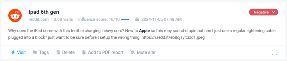 Mención negativa de Apple en Reddit detectada por Brand24