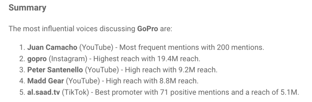 Online reputation audit: AI Brand Assistant about most influential voices for GoPro.