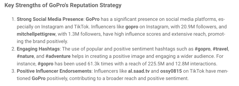 Online reputation audit: AI Brand Assistant about GoPro's key strengths.