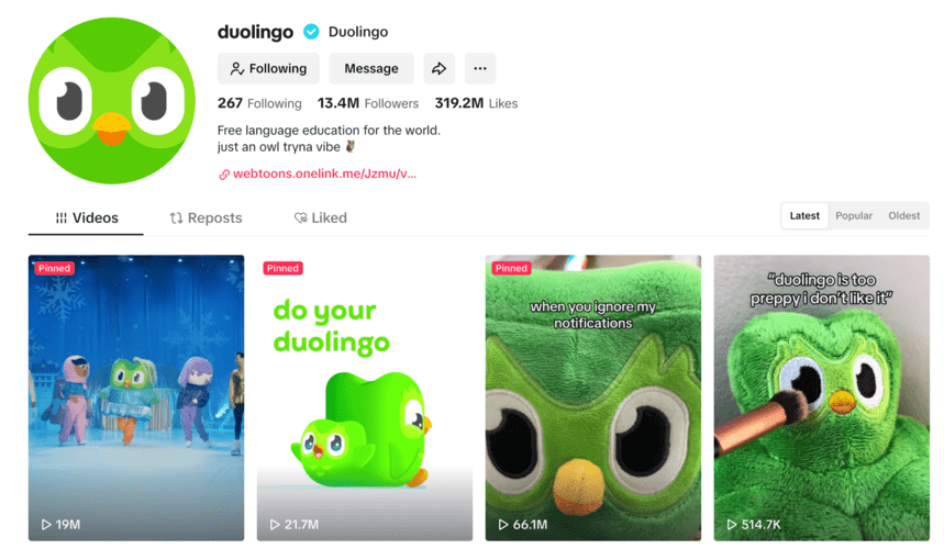 Using social media to connect with Gen Z audiences: Duolingo and their TikTok.