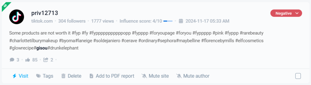 L'une des TikTok mentions négatives de Gisou collectées par Brand24, le meilleur outil d'analyse des sentiments sur TikTok.
