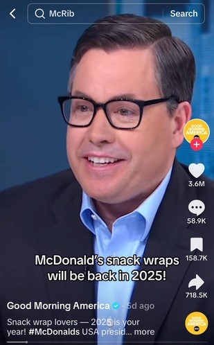 Good Morning America's TikTok: McDonald's president appeared on Good Morning America and  announced the return of Snack Wraps.