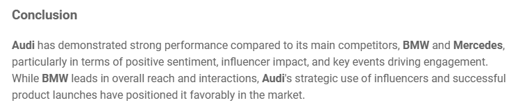 Conclusion about Audi and its competitors (BMW and Mercedes) provided by Brand Assistant