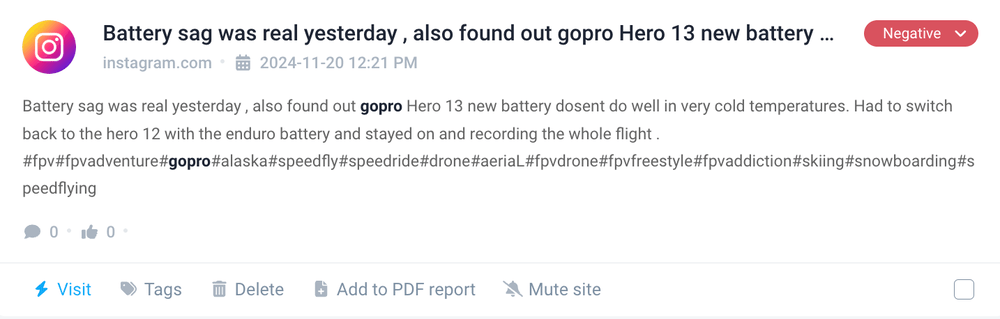 Palabras negativas sobre GoPro Hero 13 de Brand24, herramienta de análisis de sentimientos.