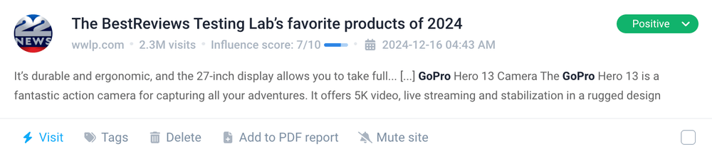 Palabras positivas sobre GoPro Hero 13 de Brand24, herramienta de análisis de sentimientos.