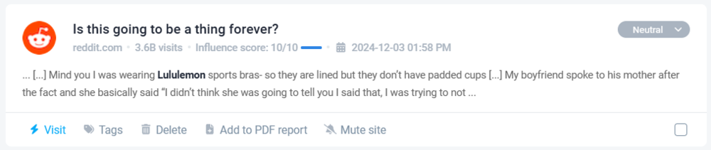Neutral mention en Reddit identificado por Brand24 - ejemplo: Lululemon