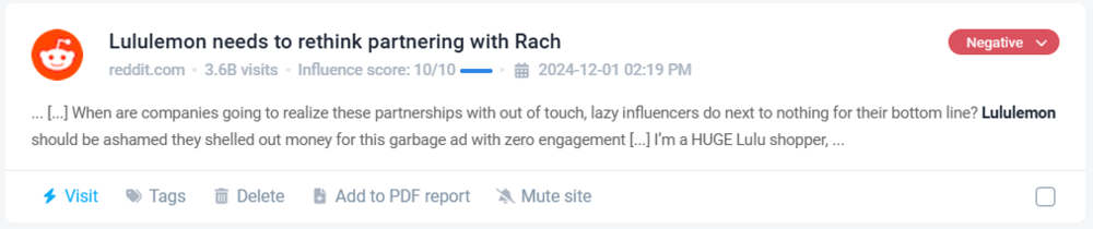 mention negativo en Reddit identificado por Brand24 - ejemplo: Lululemon