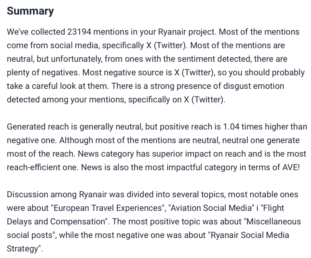 Metrics Analysis - Summary by Brand24 - key performance metrics summary