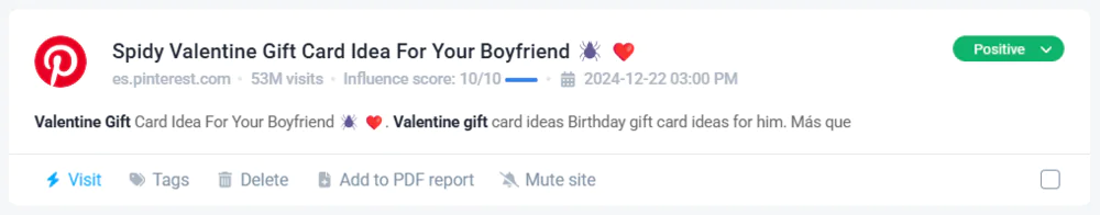 Mention de "Regalo de San Valentín" en Pinterest detectado por Brand24, la mejor herramienta de marketing de Pinterest