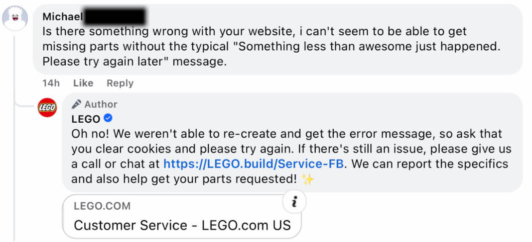 como responder aos comentários do facebook lego exemplo 2