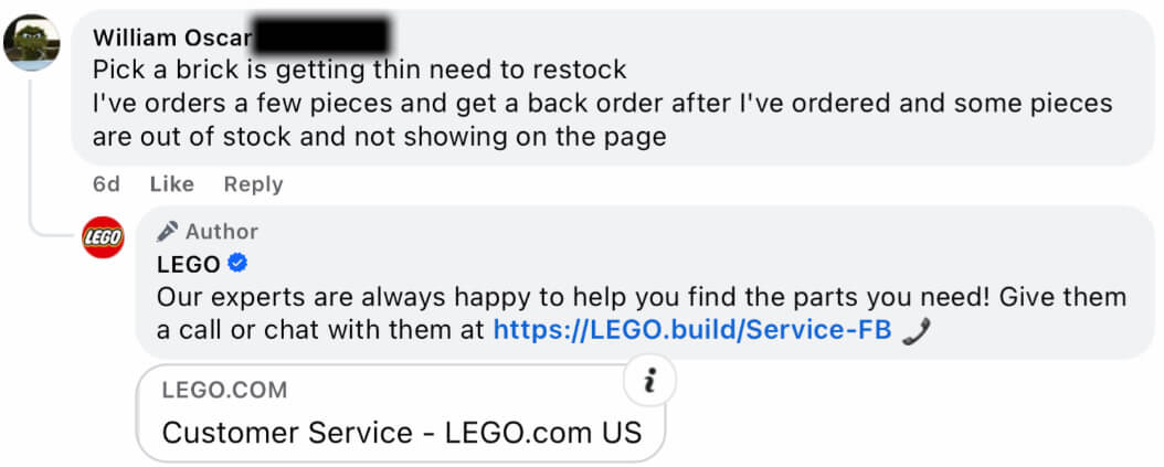 how to response to facebook comments lego example 3