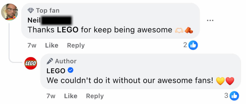 how to response to facebook comments lego example 1