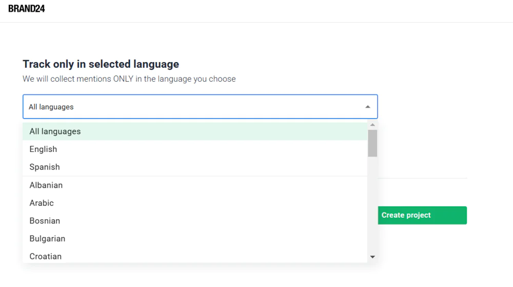 Generating a report in Brand24: Step 2 - select the language in which you want to track mentions of the keyword you've just entered