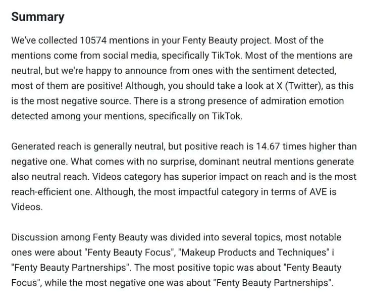 AI-powered summary analysis for Fenty Beauty by Brand24